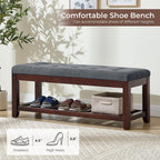 Shoe Bench Entryway, 44" End of Bed Bench,Upholstered Linen Bench for Living Room,Fabric Ottoman Bench with Solid Wood Shelf for Bedroom, Entrance Darkgrey
