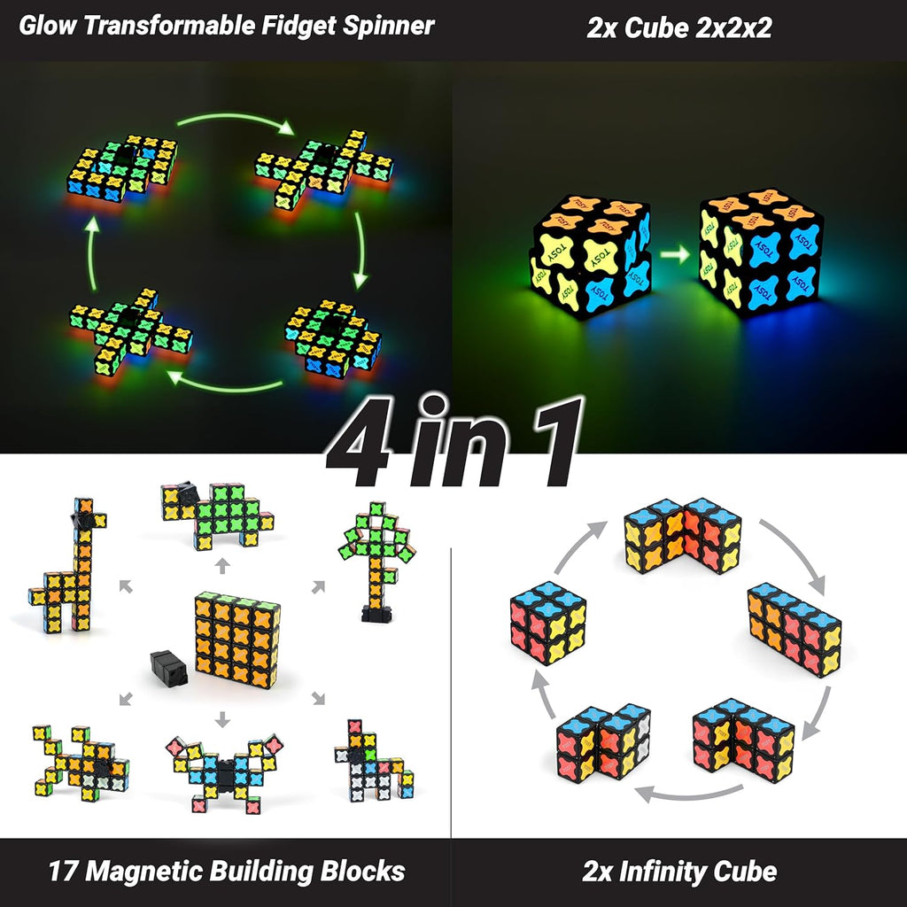 TOSY Magnet Fidget Spinner Glow - 16 Blocks, 3 in 1 Toy: Transformable Fidget Spinner, Infinity Cube, 2x2 Puzzle Cube, Glow, Stress Relief, STEM Magnet Tiles Birthday Gift for Kids/Boys/Girls/Adults