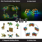 TOSY Magnet Fidget Spinner Glow - 16 Blocks, 3 in 1 Toy: Transformable Fidget Spinner, Infinity Cube, 2x2 Puzzle Cube, Glow, Stress Relief, STEM Magnet Tiles Birthday Gift for Kids/Boys/Girls/Adults