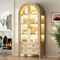 Vlsrka 71" Arched Curio Cabinet with Glass Doors, 4-Shelves Display Cabinet and 2 Drawers, Display Case with 3 Color Lights, Tall Bookcase, Kitchen Pantry, Wood Color