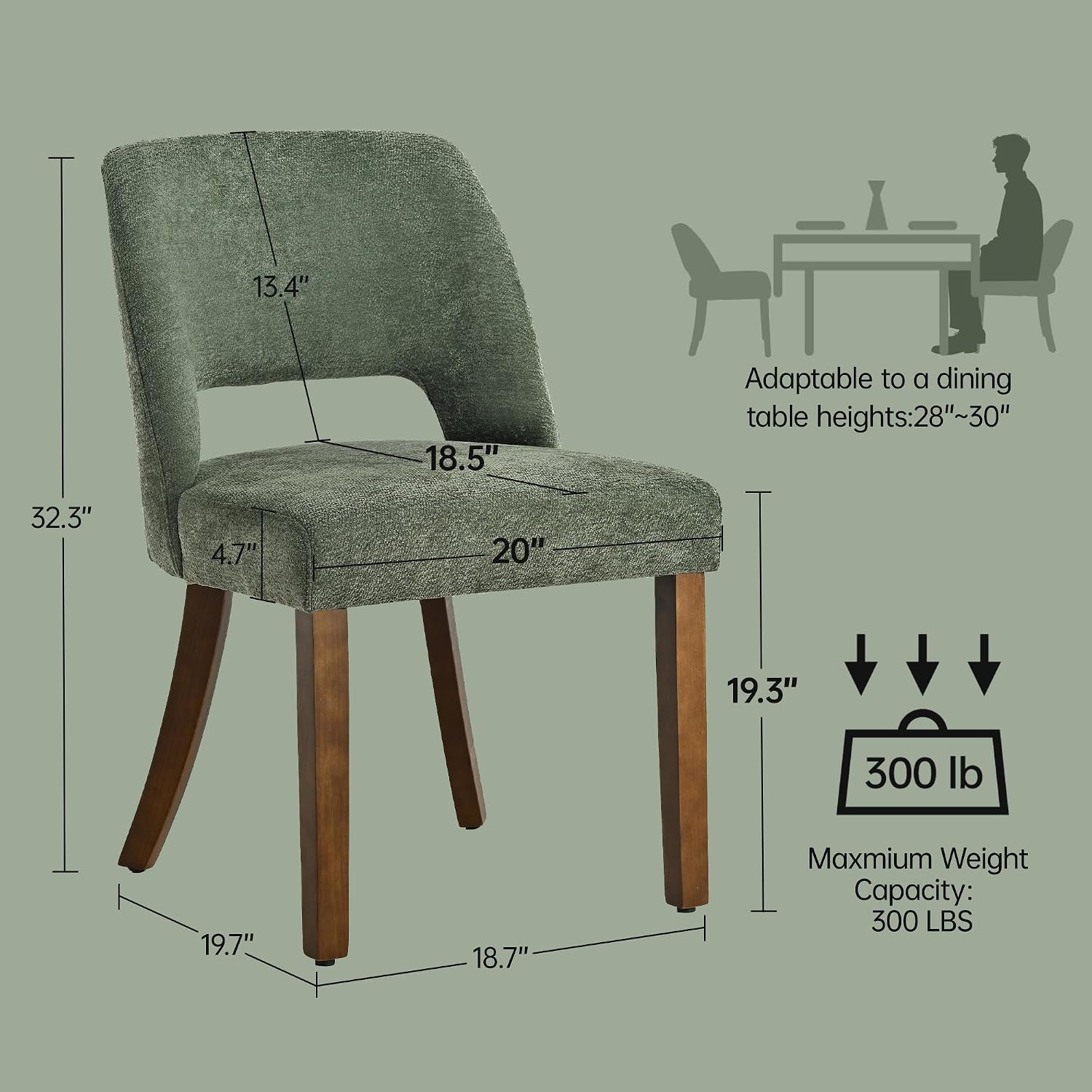 Usaint Wooden Dining Chairs Set of 4, Modern Upholstered Dining Room Chair Kitchen Chairs with Ergonomic Curved Backrest for Kitchen and Restaurant, Green