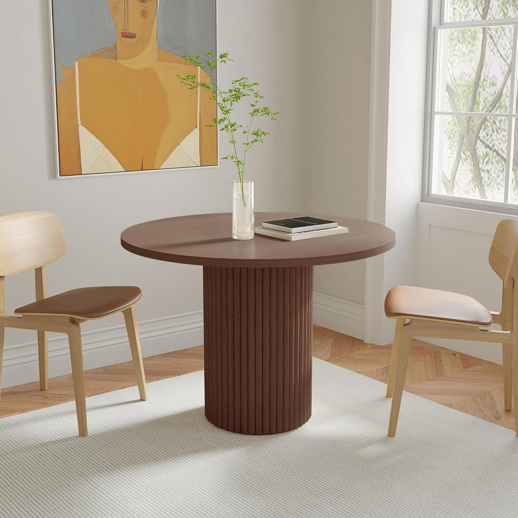 Modern Round Pedestal Dining Table with Solid Wood Base, 35'' Fluted Walnut Table for Kitchen or Small Dining Space