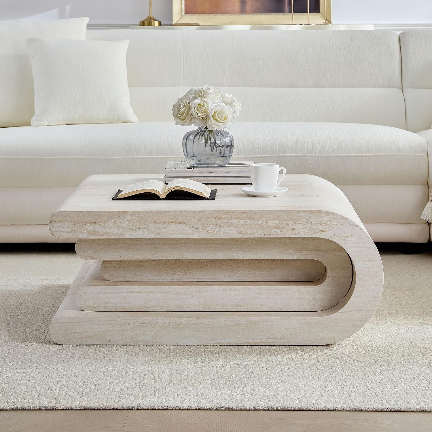 33.89" Square Faux Travertine Pattern Coffee Table for Living Room,MDF Modern Design Irregular Table with Layered Base for Office,Apartment,No Need Assembly,Beige