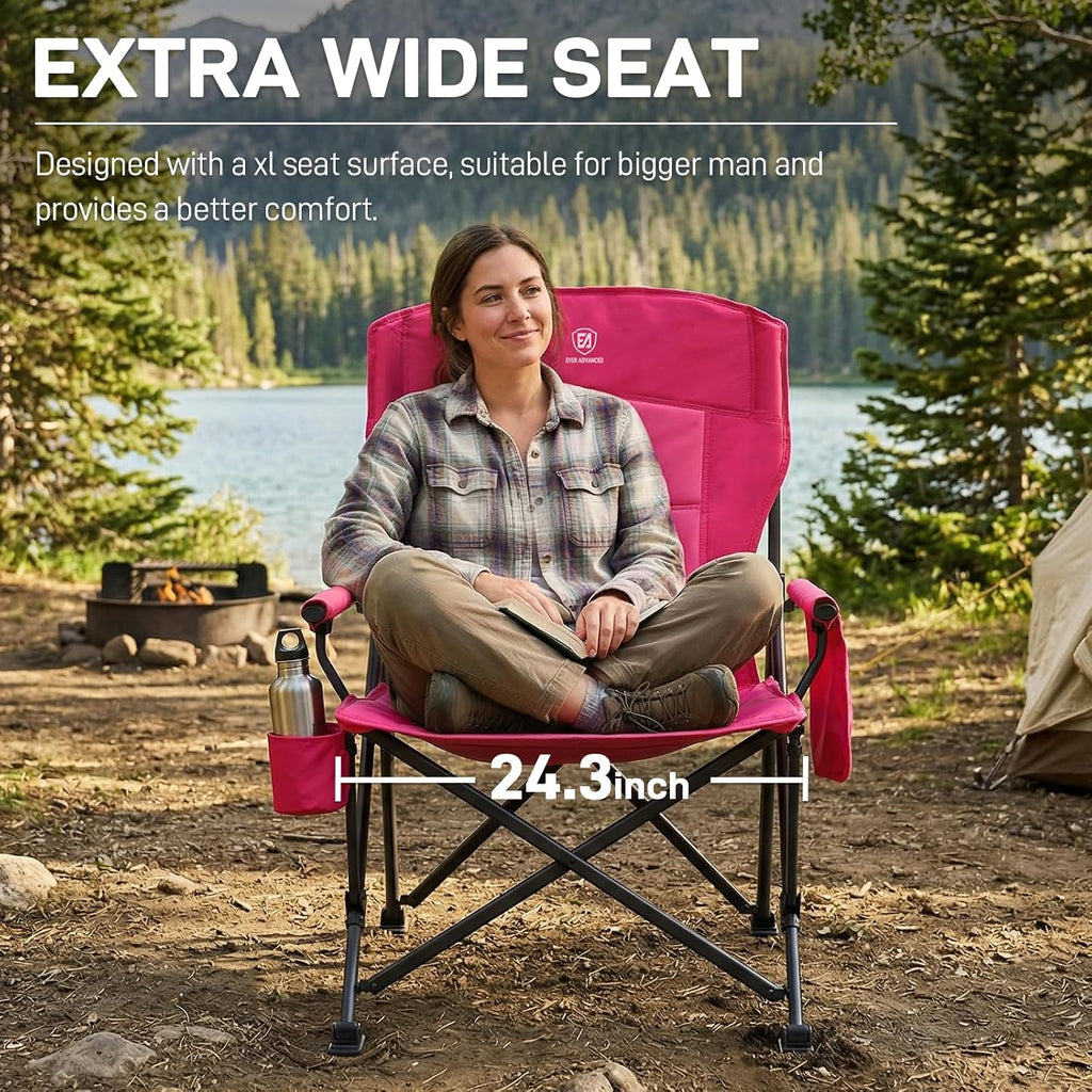 EVER ADVANCED Oversized Folding Women Camping Chair, for Adults Heavy Duty Lawn Chair with Side Pockets, Portable Collapsible Quad Chair for Outside, Support Up to 500lbs, Pink