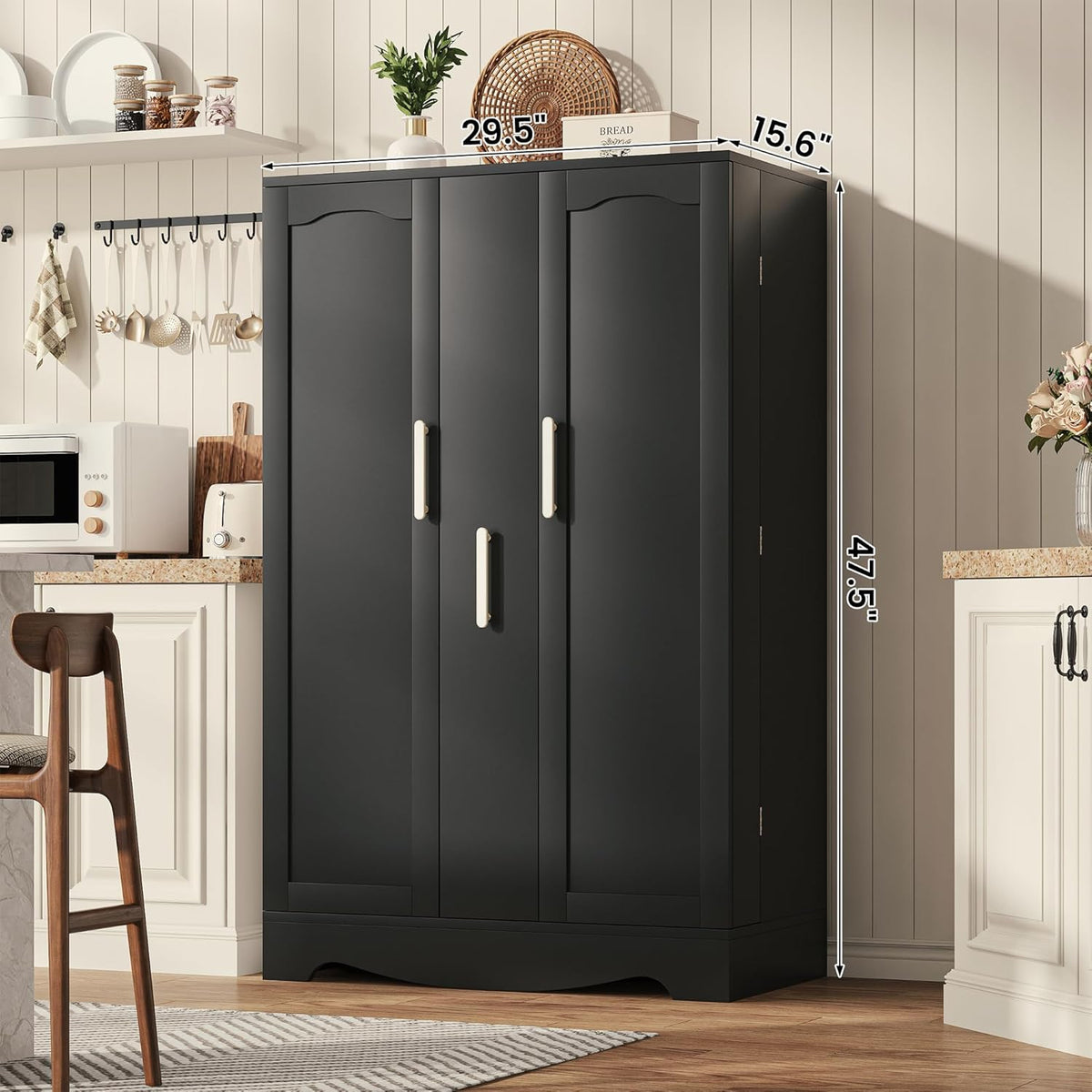 kepptory 47" Kitchen Pantry, Farmhouse Storage Cabinet with Barn Doors, Organizer, Pantry Cabinet with Lock Door and Adjustable Shelves, Rustic Wood Cupboard for Kitchen, Dining Room, Bathroom, Black