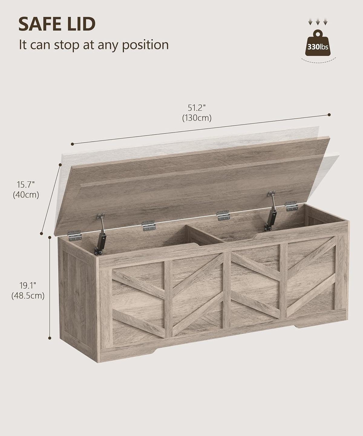 Extra Large Storage Chest, Storage Bench with 2 Safety Hinges | 51.2" Storage Trunk Supports 330 lb, Wooden Farmhouse Blanket Storage for Bedroom, living room, entryway, Greige