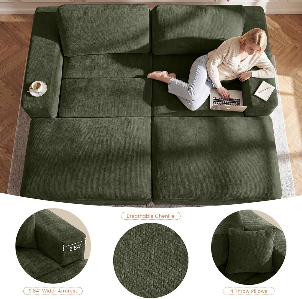 80.7" Oversized Double Chaise Lounge Chair Indoor, Cloud Sleeper Sofa Bed with 4 Pillows, Extra Deep Seat Cozy Loveseat Couch for Living Room Bedroom, No Assembly Required (Green)