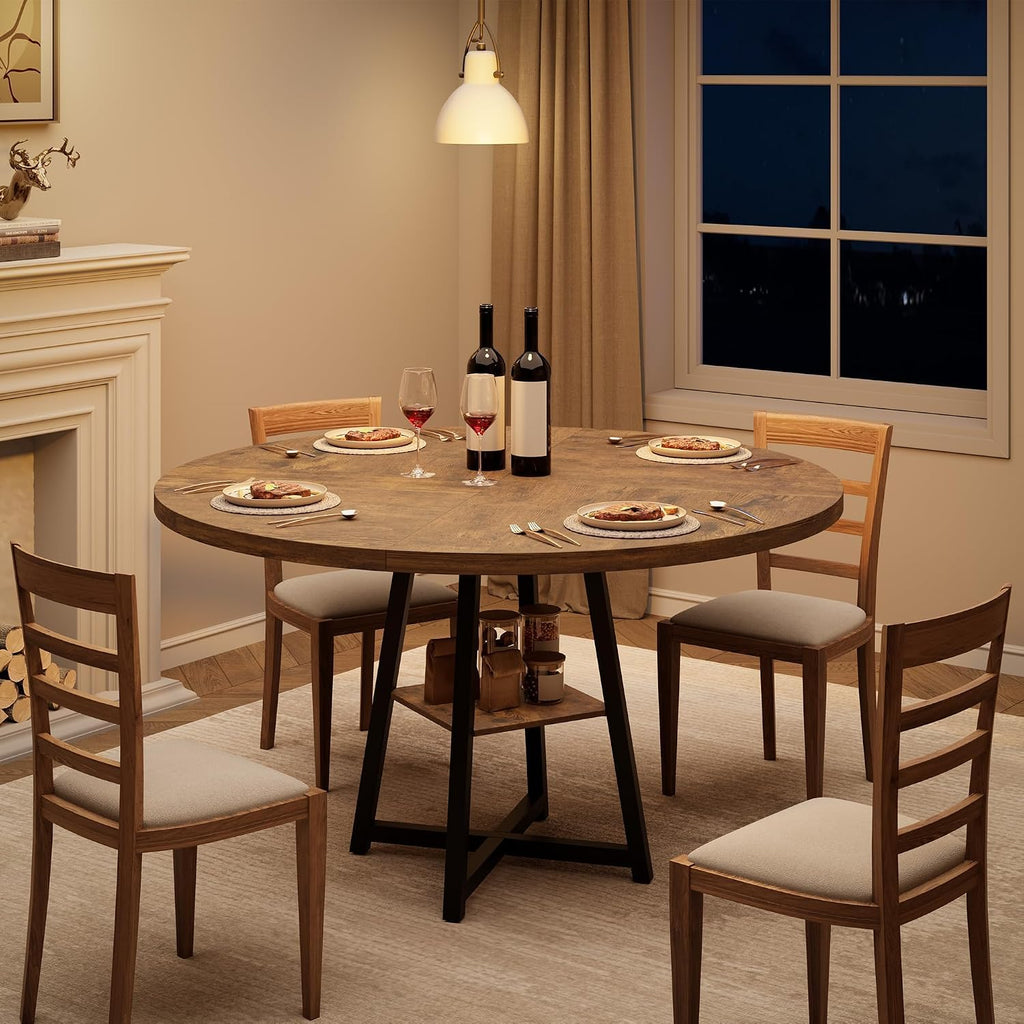 GarveeHome 47" Round Dining Table for 4-6 with Storage Shelf, Industrial Round Kitchen Table with Sturdy Metal Pedestal Base, Circle 4 Dinner Table for Dinner, Kitchen, Dining Room, Living Room