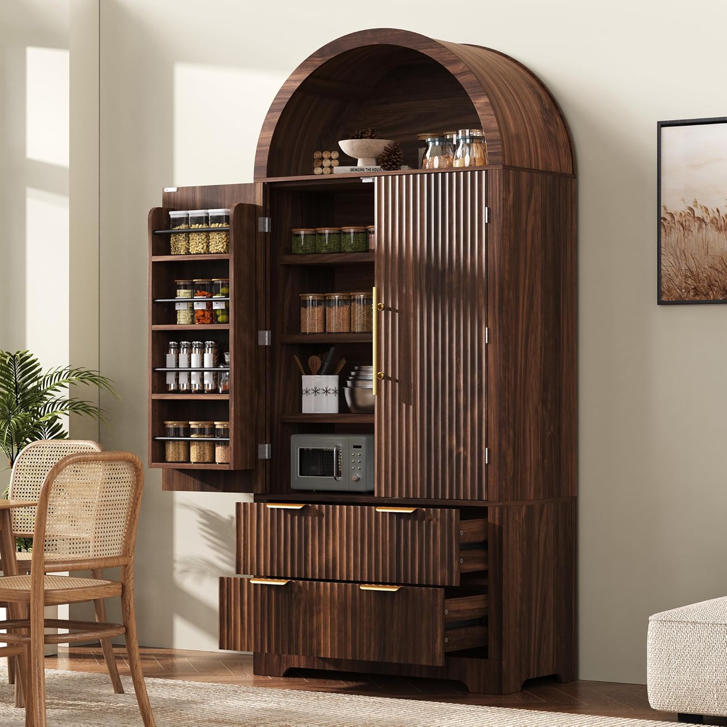 Polibi 72" Tall Arched Kitchen Pantry Cabinet with 2 Drawers & 8 Adjustable Door Shelves, Mid-Century Modern Fluted Storage Cabinet,Wooden Food Cupboard Organizer Buffet Hutch, Walnut