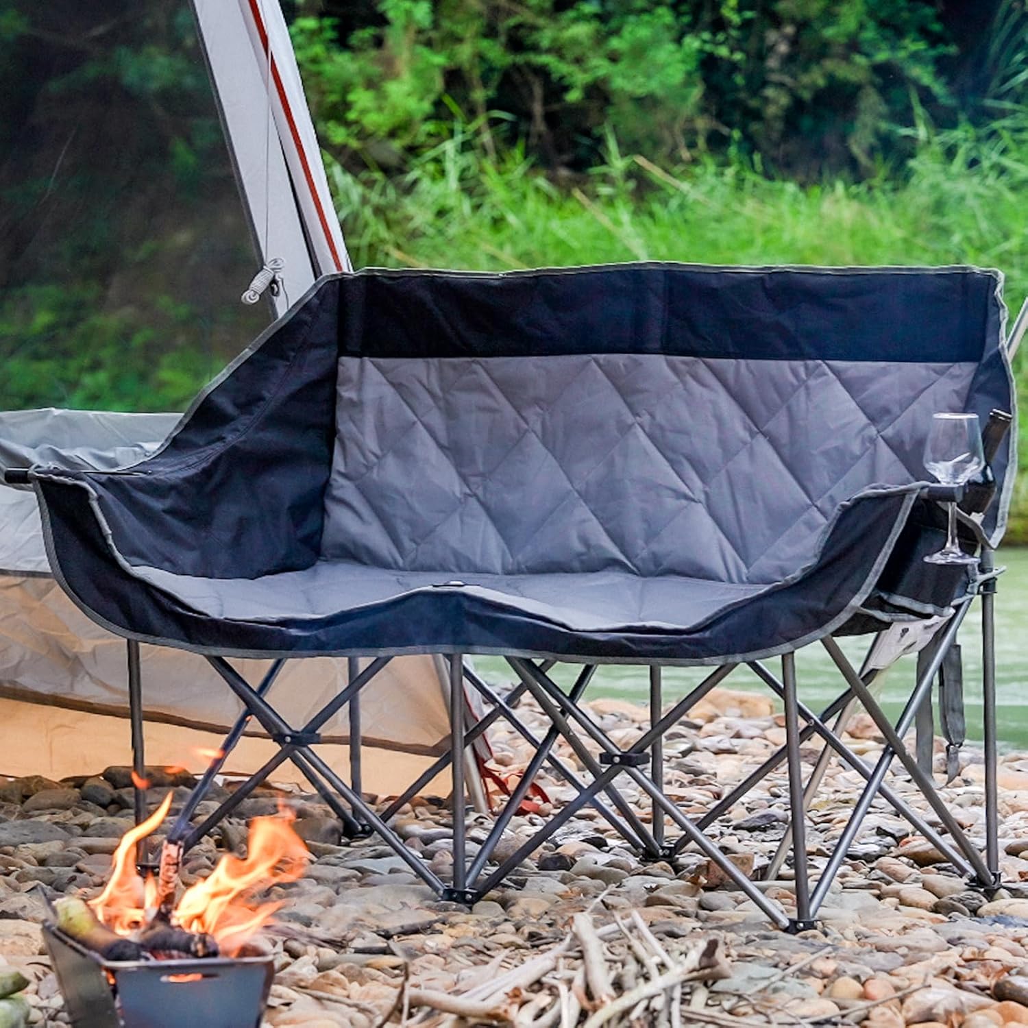 Double Camping Chair for 2 Persons, Oversized Folding Loveseat Camping Chair with Cup & Wine Holders, Heavy Duty 750LBS Support, Portable Camping Couch for Outdoor, Lawn, Beach, Black+Grey