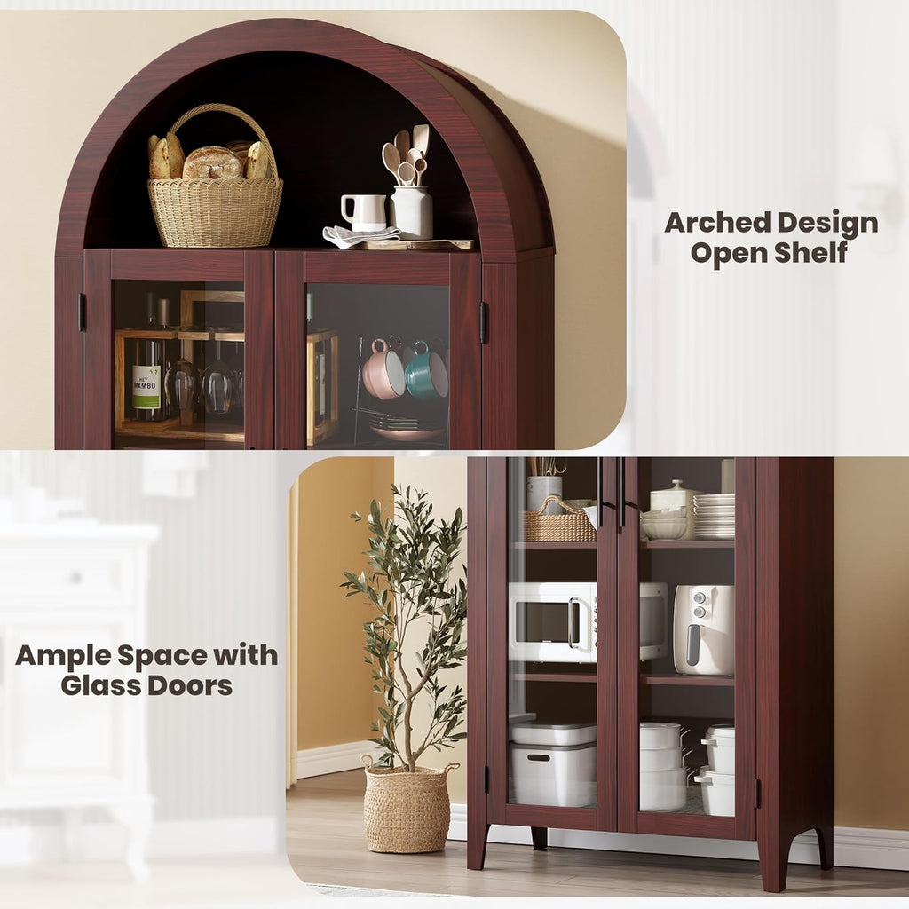 IDEALHOUSE Arched Kitchen Pantry Storage Cabinet - Farmhouse 5-Tier Display Shelf with 2 Glass Doors and Adjustable Shelves, Versatile Cupboard for Kitchen, Dining Room, Living Room, Walnut