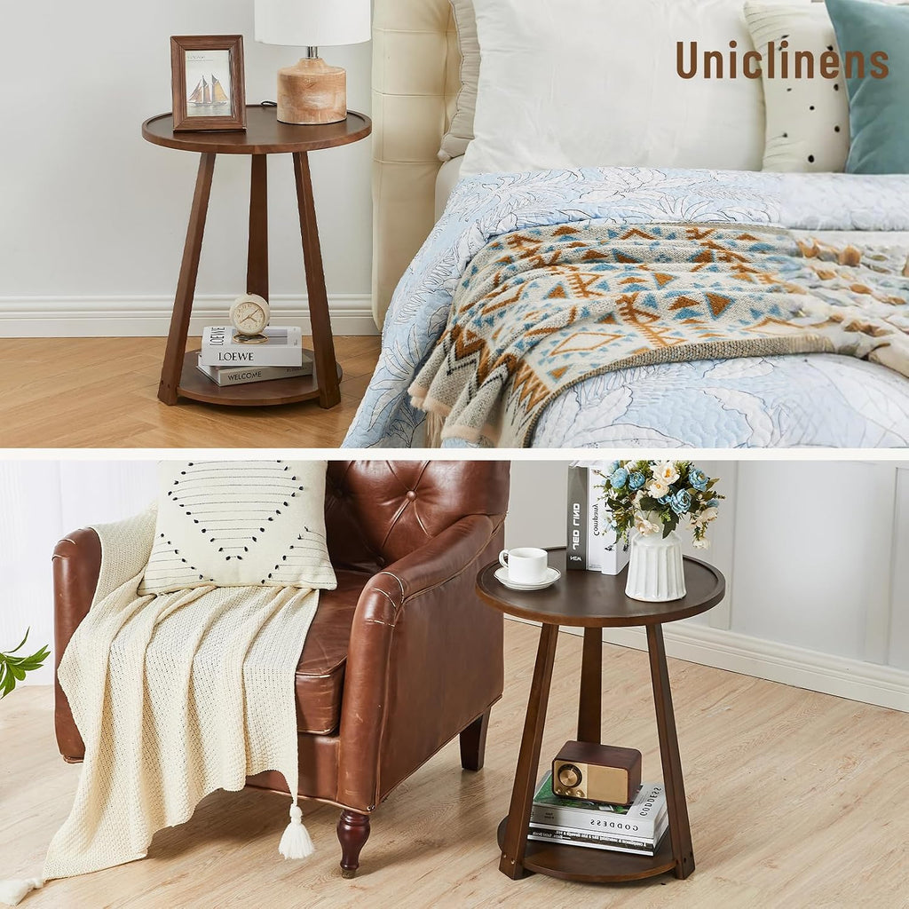 Round Living Room End Table - Walnut Solid Wood Round Side Table with Lower Shelf for Living Room Couch, Bedroom Nightstand