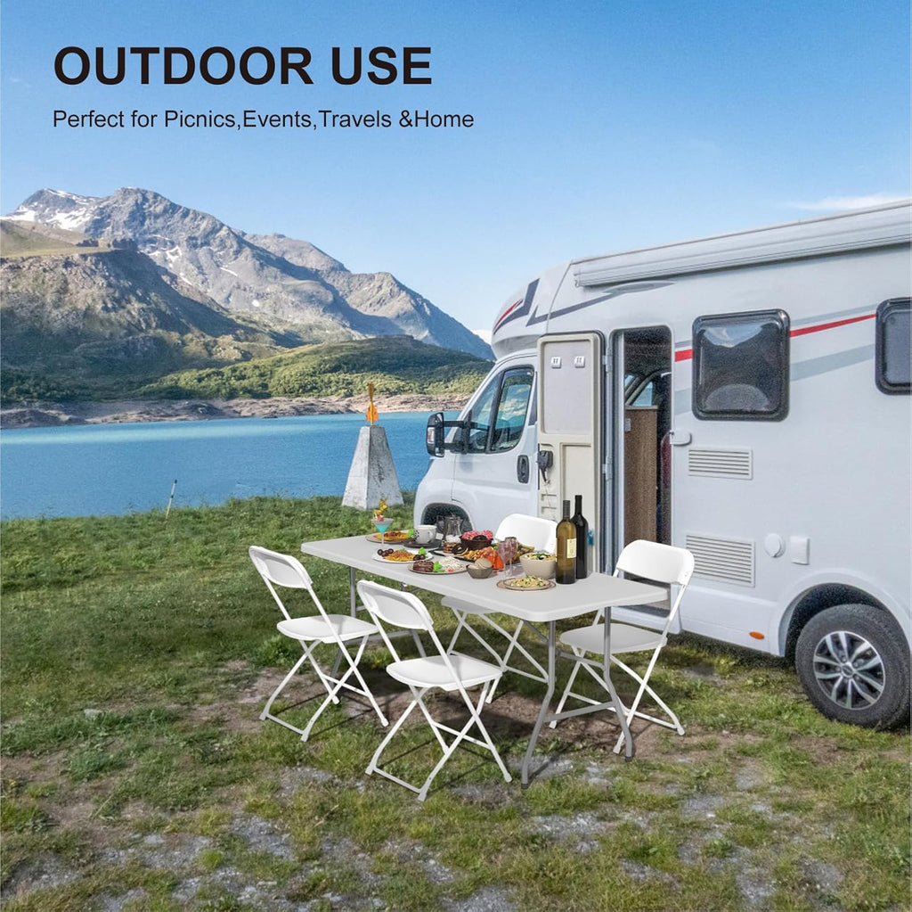 4 Pack Foldable Table 6ft, Plastic Folding Table, Portable Heavy Duty Dining Table with Lock Function & Carrying Handle, Outdoor Indoor Foldable White Table for Camping Party Picnic