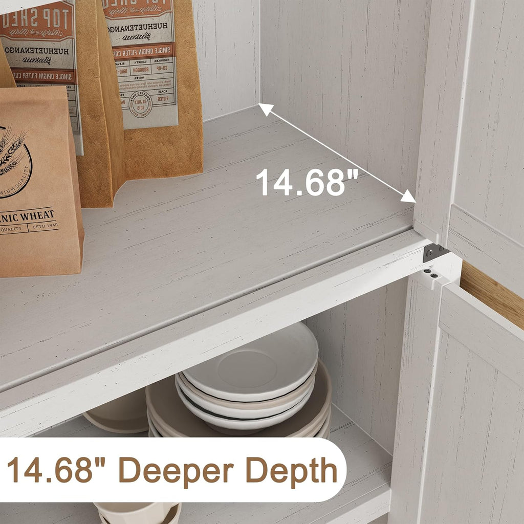 Arched Storage Cabinet 71.6" Tall Storage Pantry, Farmhouse Pantry White Kitchen Cabinet withDoors, 5 Tier Kitchen Cabinets for Dining Room Rustic White