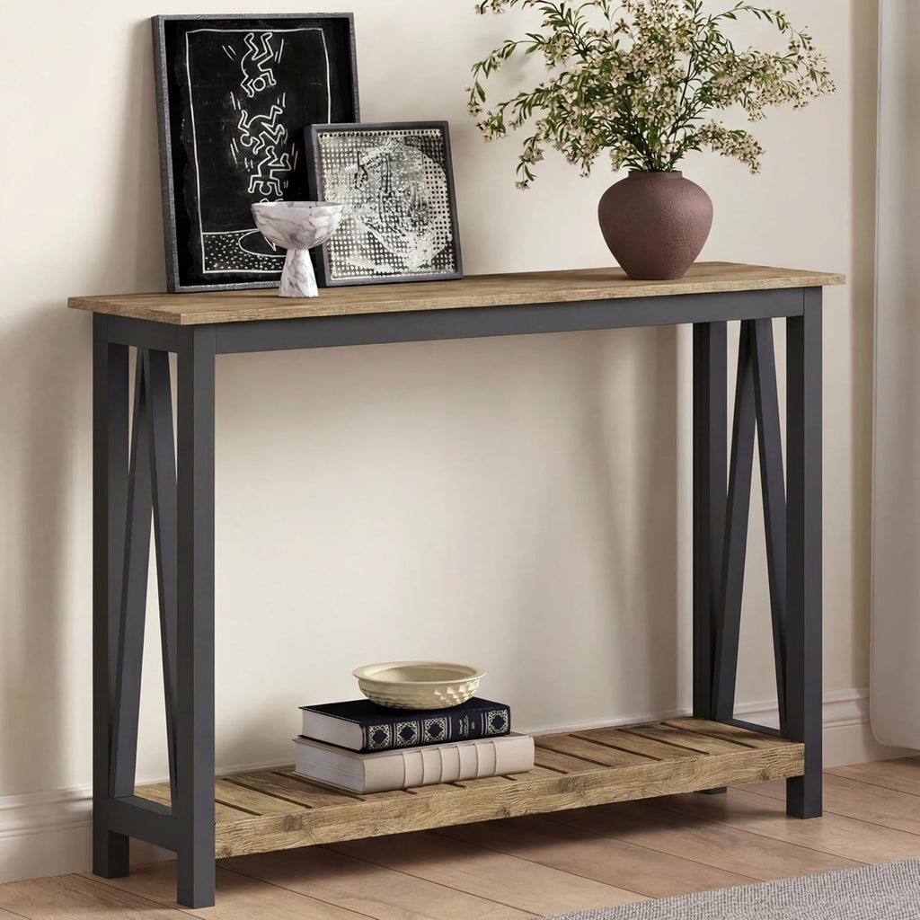 ChooChoo Farmhouse Console Table, Rustic Vintage Narrow Sofa Table for Entryway, Living Room, Hallway, 47 Rustic Oak & Black