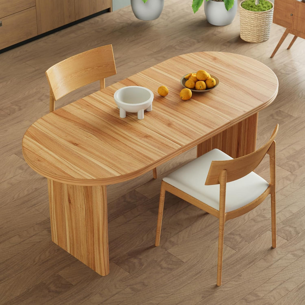 GDFStudio 55.12"-70.87" Farmhouse Extendable Oval Dining Table for 4-6, Modern Solid Wood Kitchen & Dining Table with Removable Leaf Mid-Century Modern Round Dining Tables Space Saving, Natural Walnut