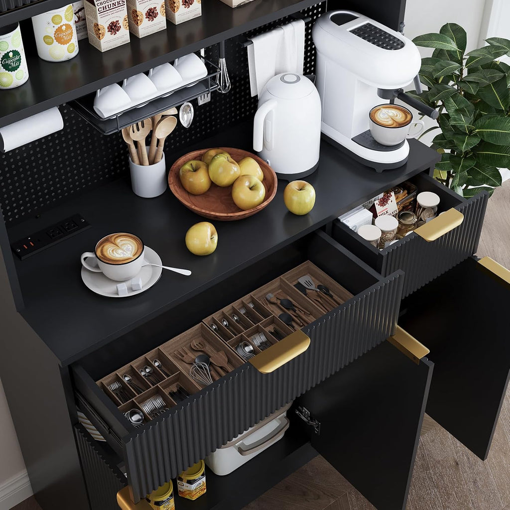 73" Tall Modern Kitchen Pantry Cabinet, Kitchen Hutch Bar Cabinet with Charging Station & DIY Pegboard, Wooden Storage Cabinets with Fluted Doors & Microwave Stand, Cupboard for Dining Room, Black