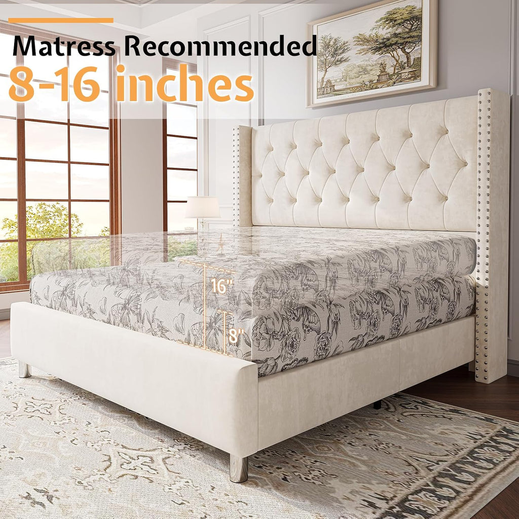 PaPaJet King Velvet Bed Frame with 49.2" Tall Wingback Headboard, Cream