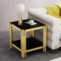 20” Square Glass End Table, 2-Tier Side Table with Black Tempered Glass Top Golden Mirrored Stainless Steel Legs, Modern Luxury Nightstand Bedside Table with Lower Shelf for Living Room