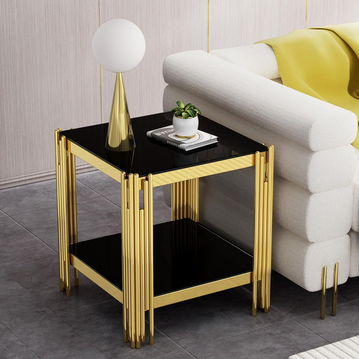 Luxury Gold Glass End Table,Sqaure Sofa Side Table with Shiny Geometric Stainless Steel Base,Black Glass Accent End Table Bedside Table Nightstand for Living Room Bedroom Office