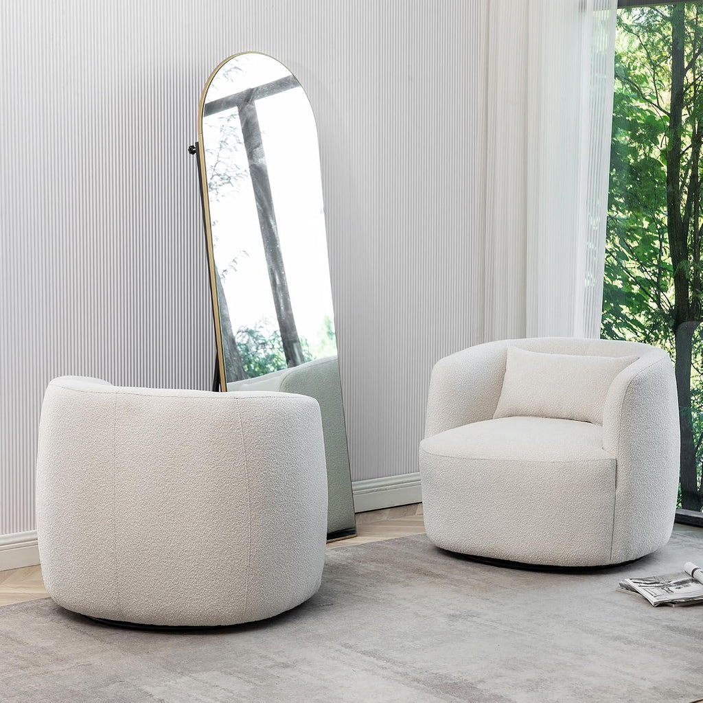 KINWELL 34" W Boucle Swivel Barrel Chairs with Pillow Set of 2, Beige