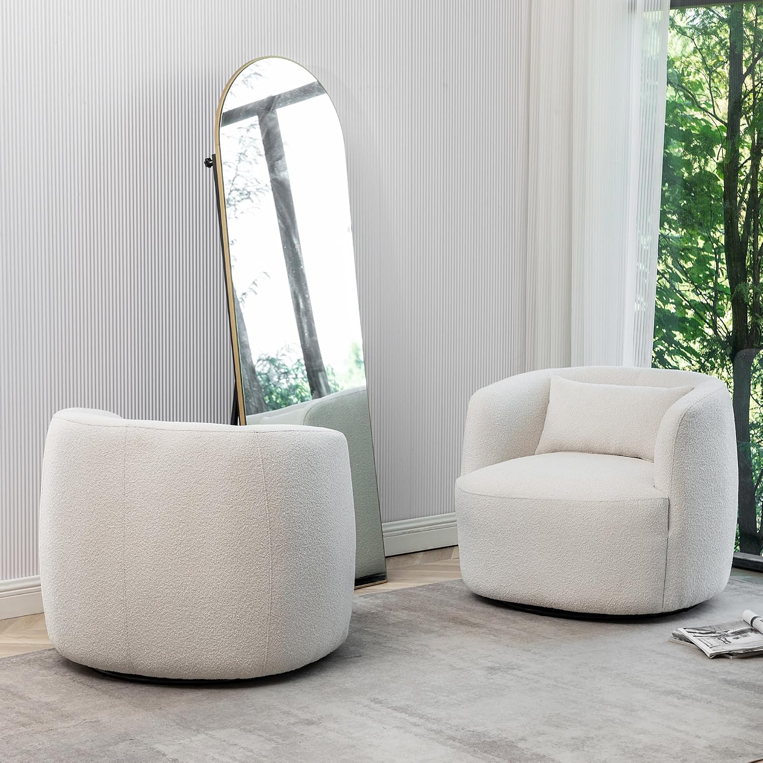 KINWELL 34" W Boucle Swivel Barrel Chairs with Pillow Set of 2, Beige