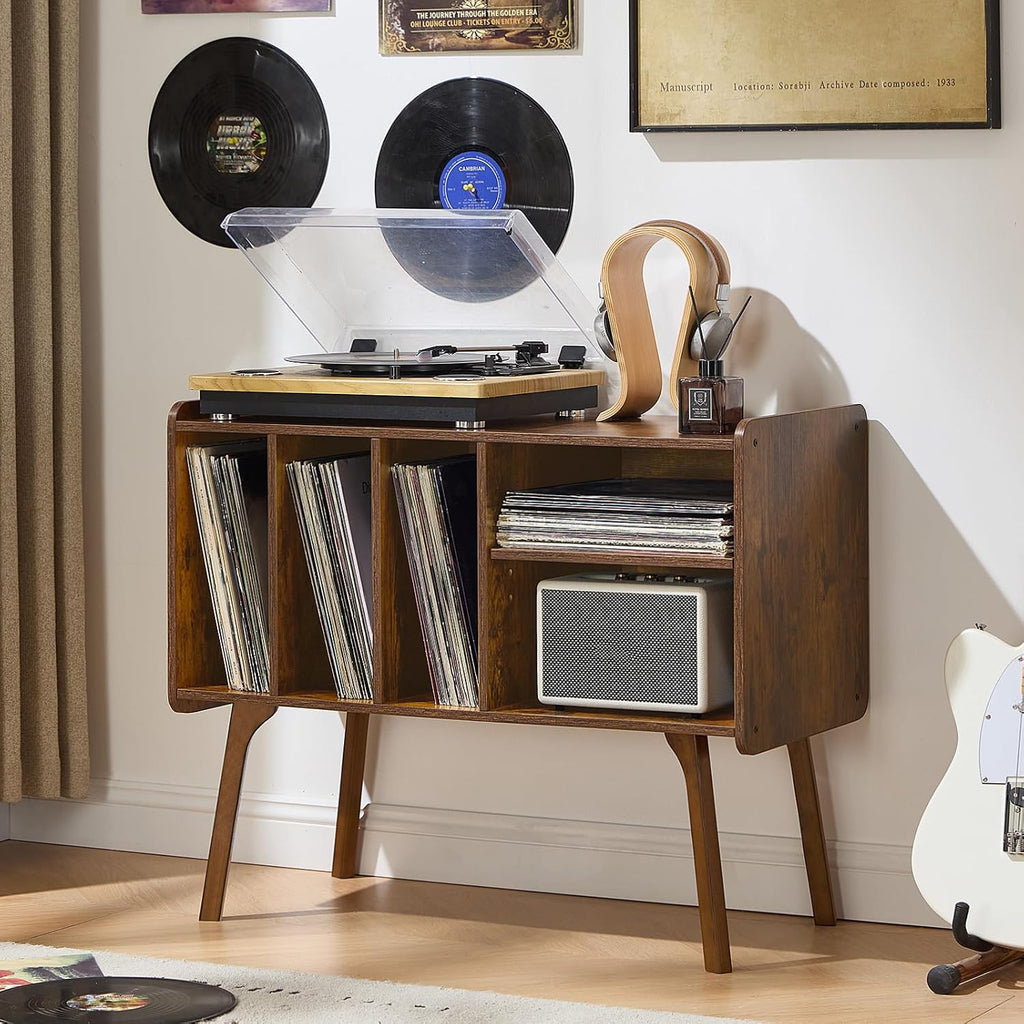 Lerliuo Record Player Stand with 4 Cabinet Holds Up to 220 Albums,Brown | Large Turntable Stand with Wood Legs, Mid-Century Record Player Table,Vinyl Holder Storage for Bedroom Living Room