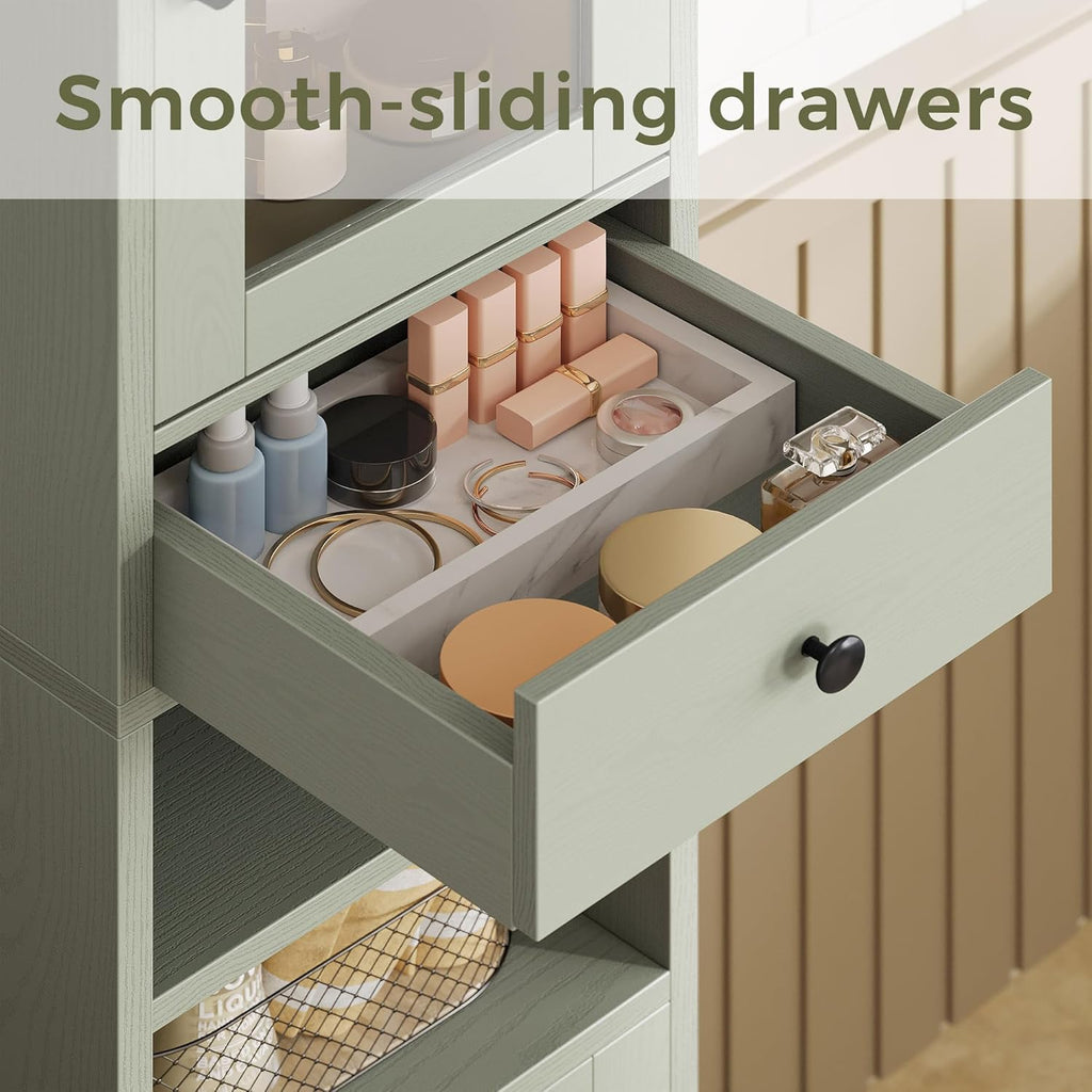 IRONCK Tall Bathroom Cabinet with Drawer and Door, 71" H Slim Freestanding Narrow Storage Cabinet with Adjustable Shelves, Retractable Toilet Paper Rod, for Small Spaces, 11.8" W Green
