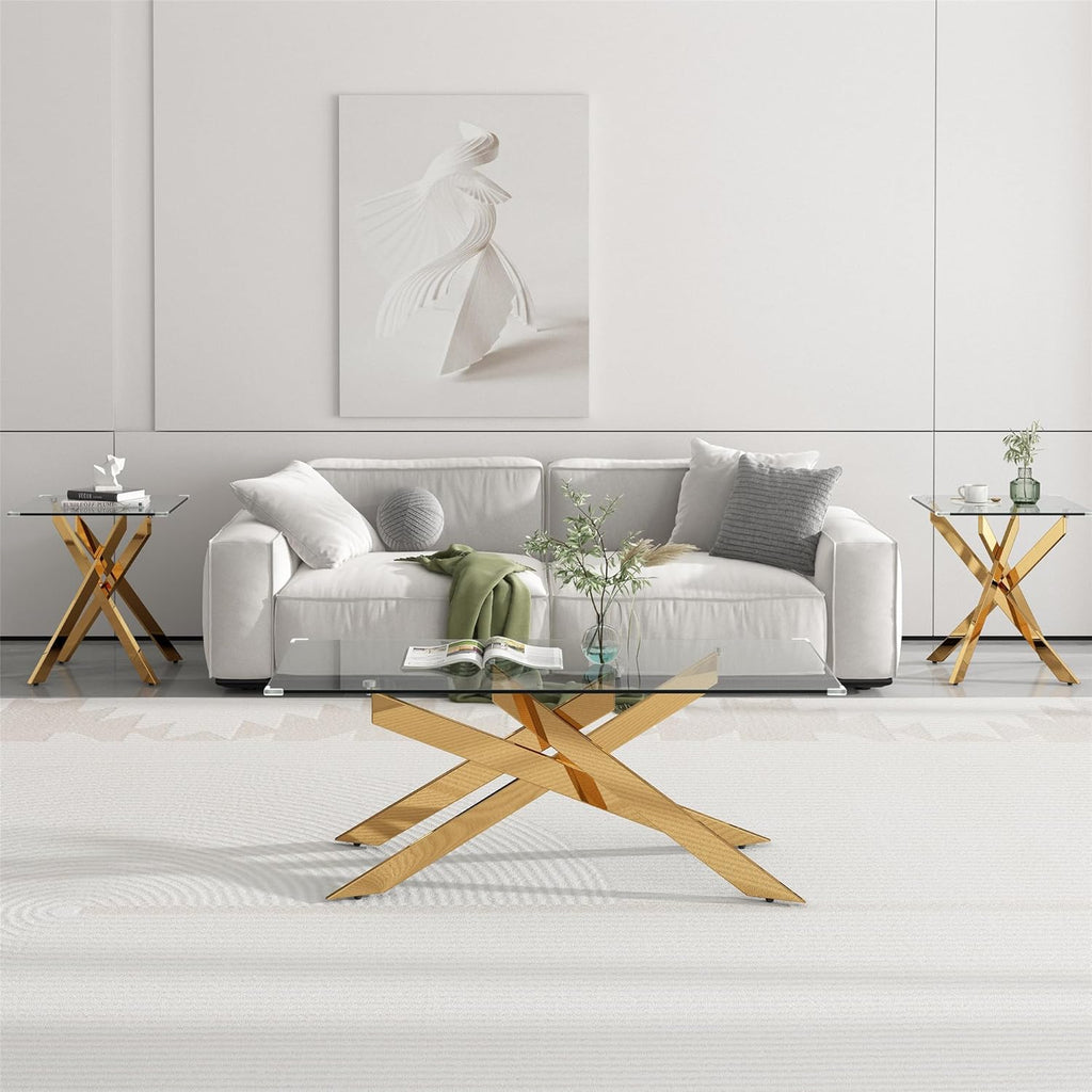 AF ARTISAN FURNITURE Gold Glass Coffee Table and End Table Set of 3, Coffee Table Set with Tempered Glass & Gold Geometric Metal Legs, 3 Piece Living Room Table Set for Bedroom Home Office