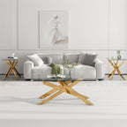 AF ARTISAN FURNITURE Gold Glass Coffee Table and End Table Set of 3, Coffee Table Set with Tempered Glass & Gold Geometric Metal Legs, 3 Piece Living Room Table Set for Bedroom Home Office