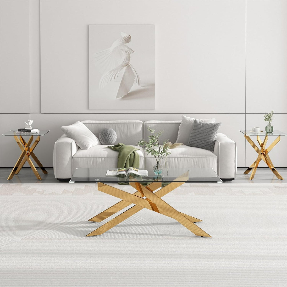 AF ARTISAN FURNITURE Gold Glass Coffee Table and End Table Set of 3, Coffee Table Set with Tempered Glass & Gold Geometric Metal Legs, 3 Piece Living Room Table Set for Bedroom Home Office
