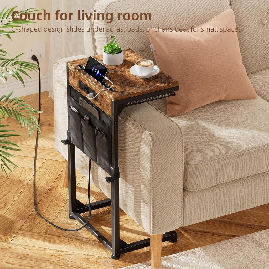Simple Trending Side Table, C Shaped End Table with Charging Station, Couch Table with Storage Bag, Adjustable Height, Rustic Brown