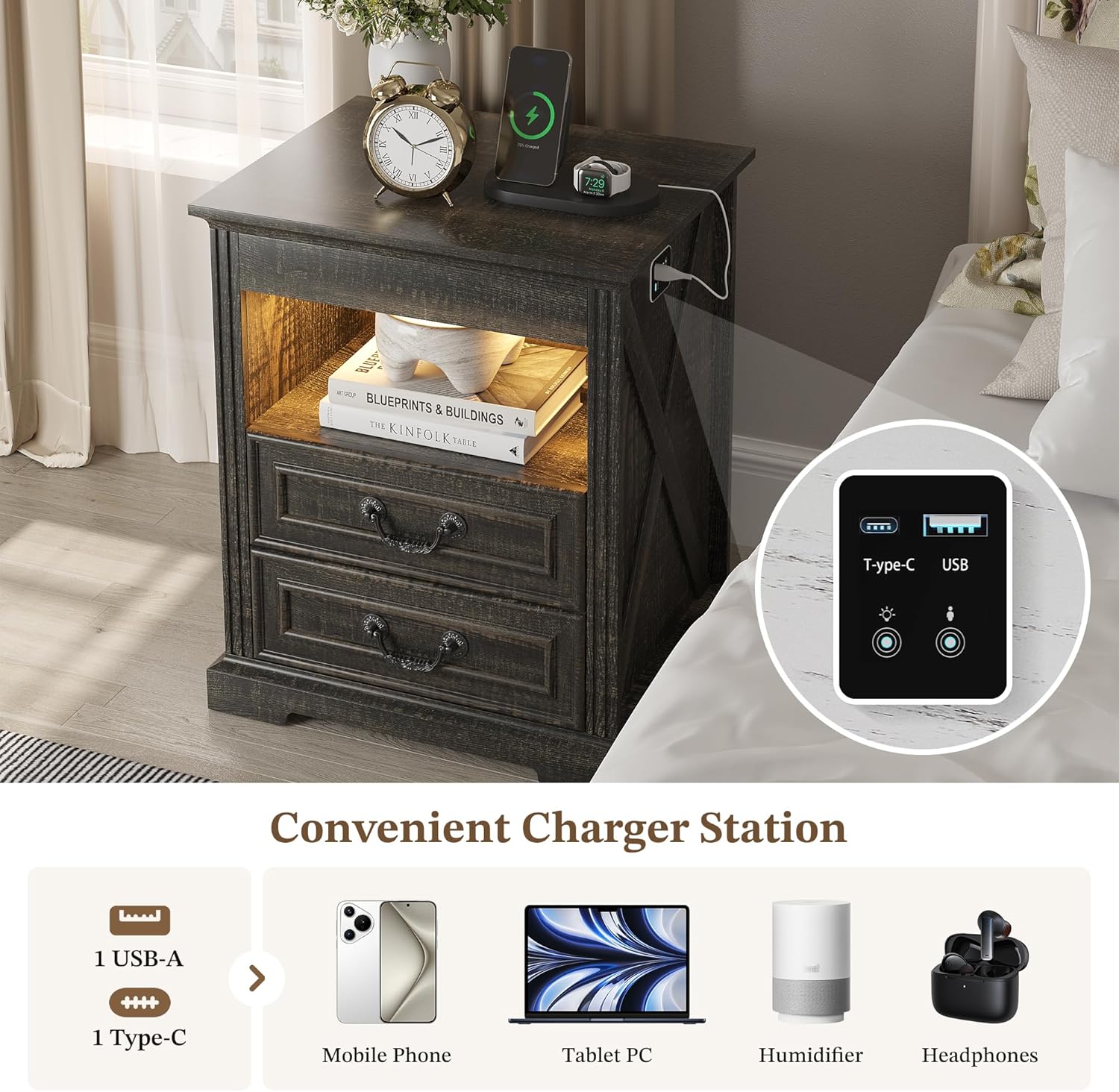 Nightstand Set 2 with Gun Drawer, Farmhouse Night Stand with LED Lights and Human Sensor, Bedside Table with Open Shelf, End Table with Storage Drawers for Bedroom, Rustic Borwn