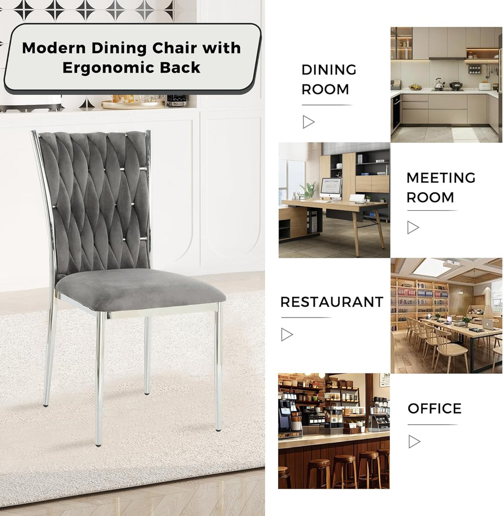 Velvet Dining Chairs Set of 4, Modern Woven Kitchen Chairs with Silver Metal Legs, Upholstered Cushion with High Back, Dirt Resistance, Easy to Install, for Living Room, Dining Room - Dark Grey