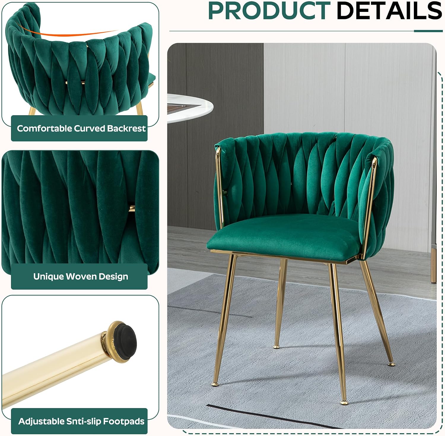 Baysitone 63" Modern Glass Dining Table with 4 Green Velvet Dining Chairs, Gold Metal Legs - Stylish 5-Piece Dining Set for Home