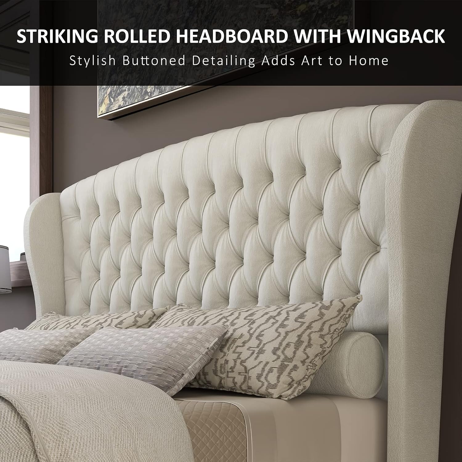 AMERLIFE Queen Size Upholstered Sleigh Bed Frame with Wingback Headboard