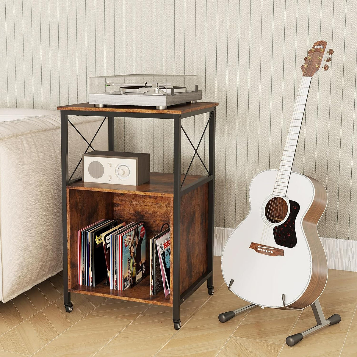 LOKO 3-Tier Rolling Record Player Stand, Mobile Turntable Stand with Power Outlet, Open Shelf & Dividers, Metal Frame, Industrial Vinyl Record Storage Table on Wheels for Living Room, Bedroom