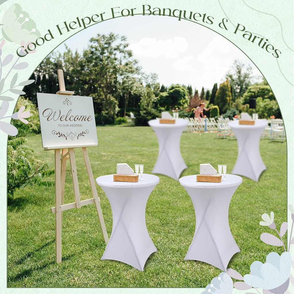 Wenqik 4 Pcs 32'' High Top Cocktail Table White Round Bar Height Folding Table with Removable Legs and 4 Pcs 32x43'' Cocktail Tablecover Spandex Stretch