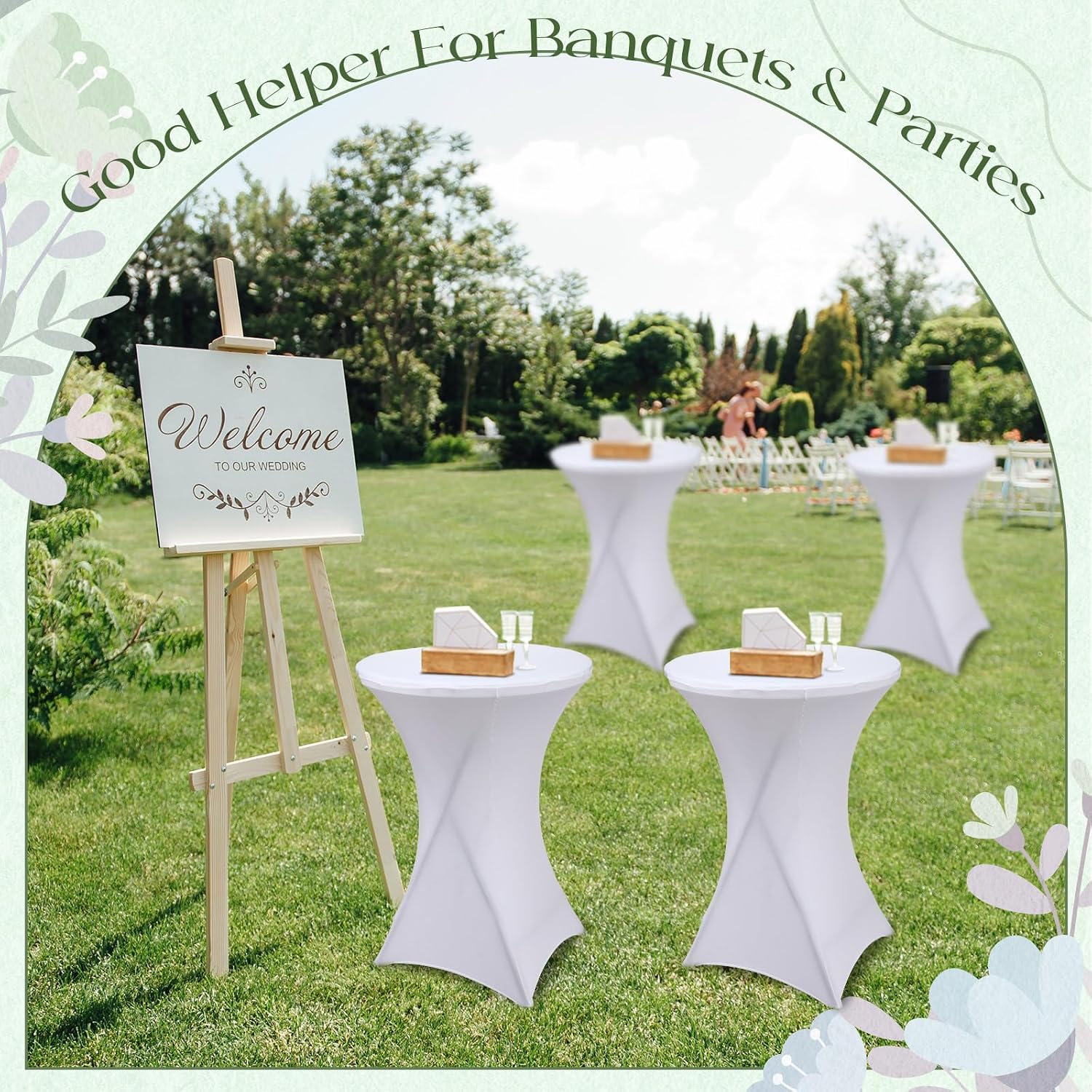Wenqik 4 Pcs 32'' High Top Cocktail Table White Round Bar Height Folding Table with Removable Legs and 4 Pcs 32x43'' Cocktail Tablecover Spandex Stretch