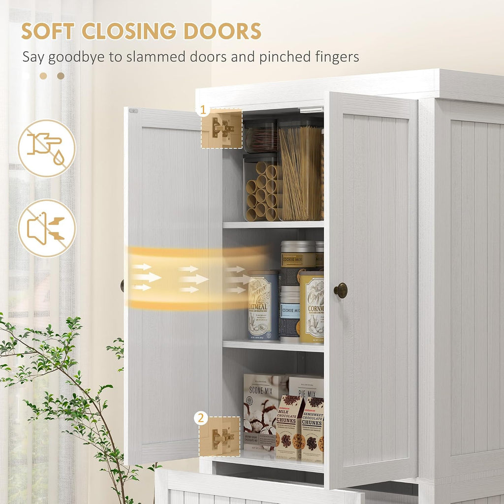 72" Farmhouse Kitchen Pantry Cabinet, Freestanding Tall Storage Cabinet with 4 Soft-Close Doors, 2 Adjustable Shelves and Drawer for Dining Room, Distressed White