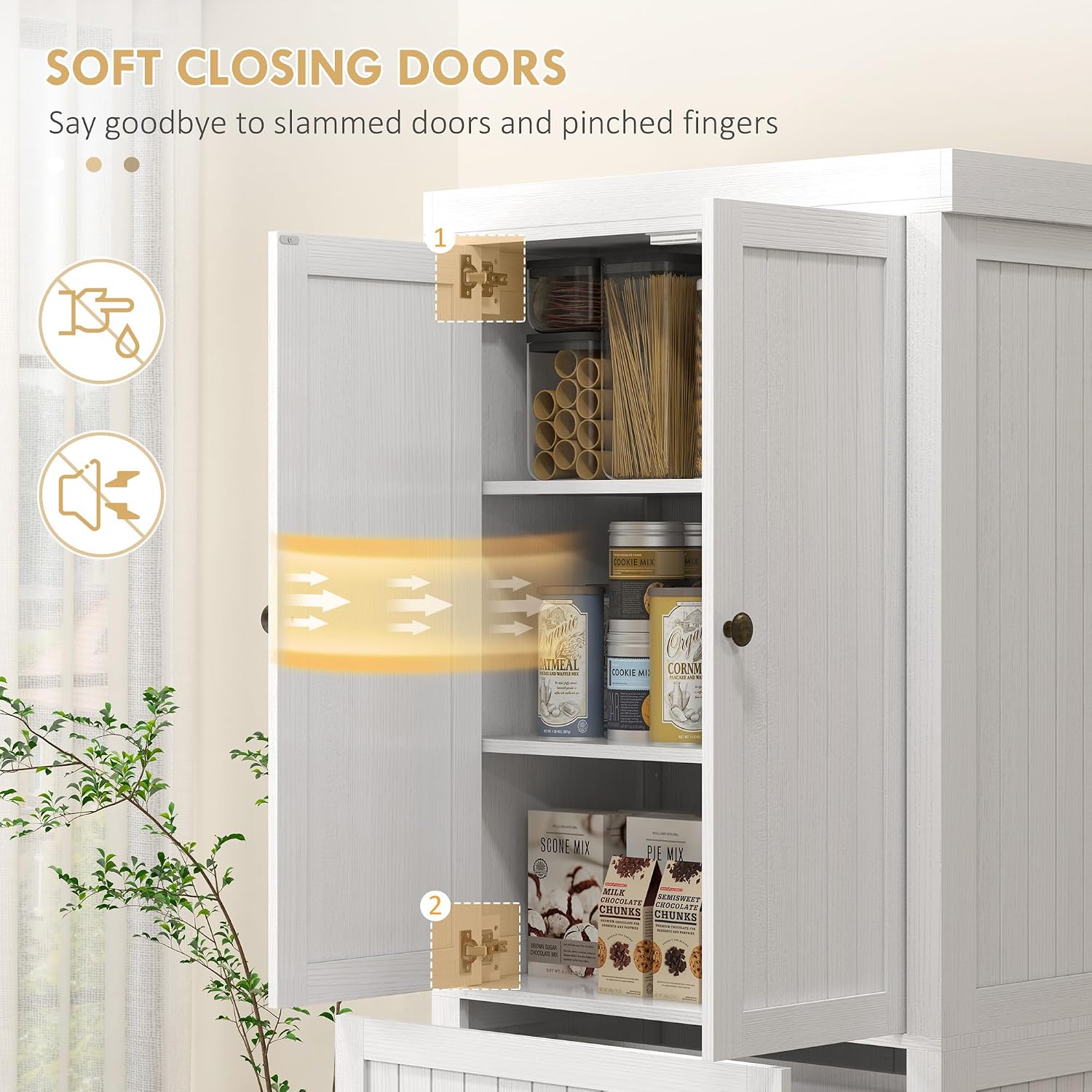 72" Farmhouse Kitchen Pantry Cabinet, Freestanding Tall Storage Cabinet with 4 Soft-Close Doors, 2 Adjustable Shelves and Drawer for Dining Room, Distressed White