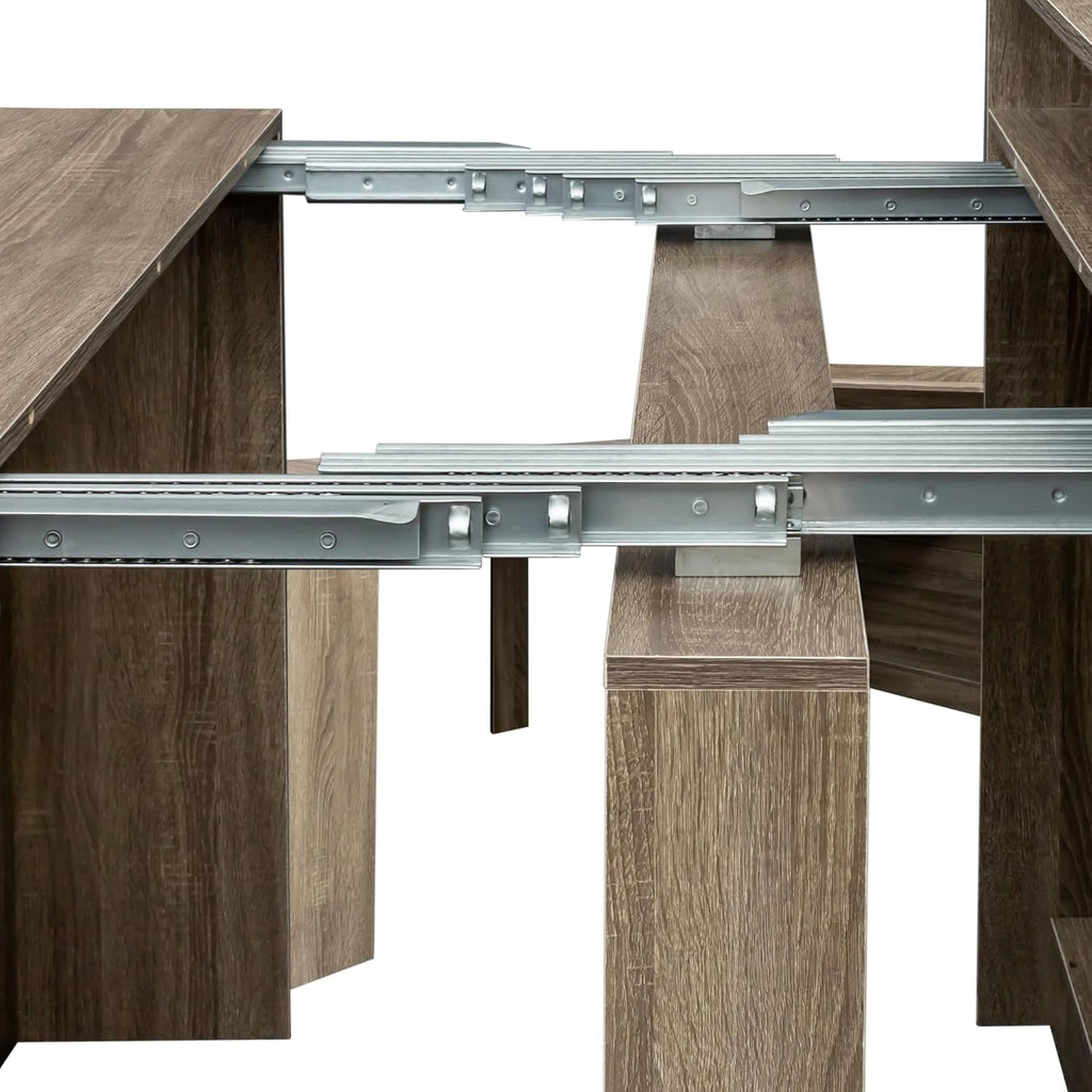 Rustic Wooden Extendable Dining Table with Storage, 20"-99" Modern Transformer Kitchen Table for 2-12, Oak Extendable Console Table with Extension Leaves Holder for Entryway Dining Room