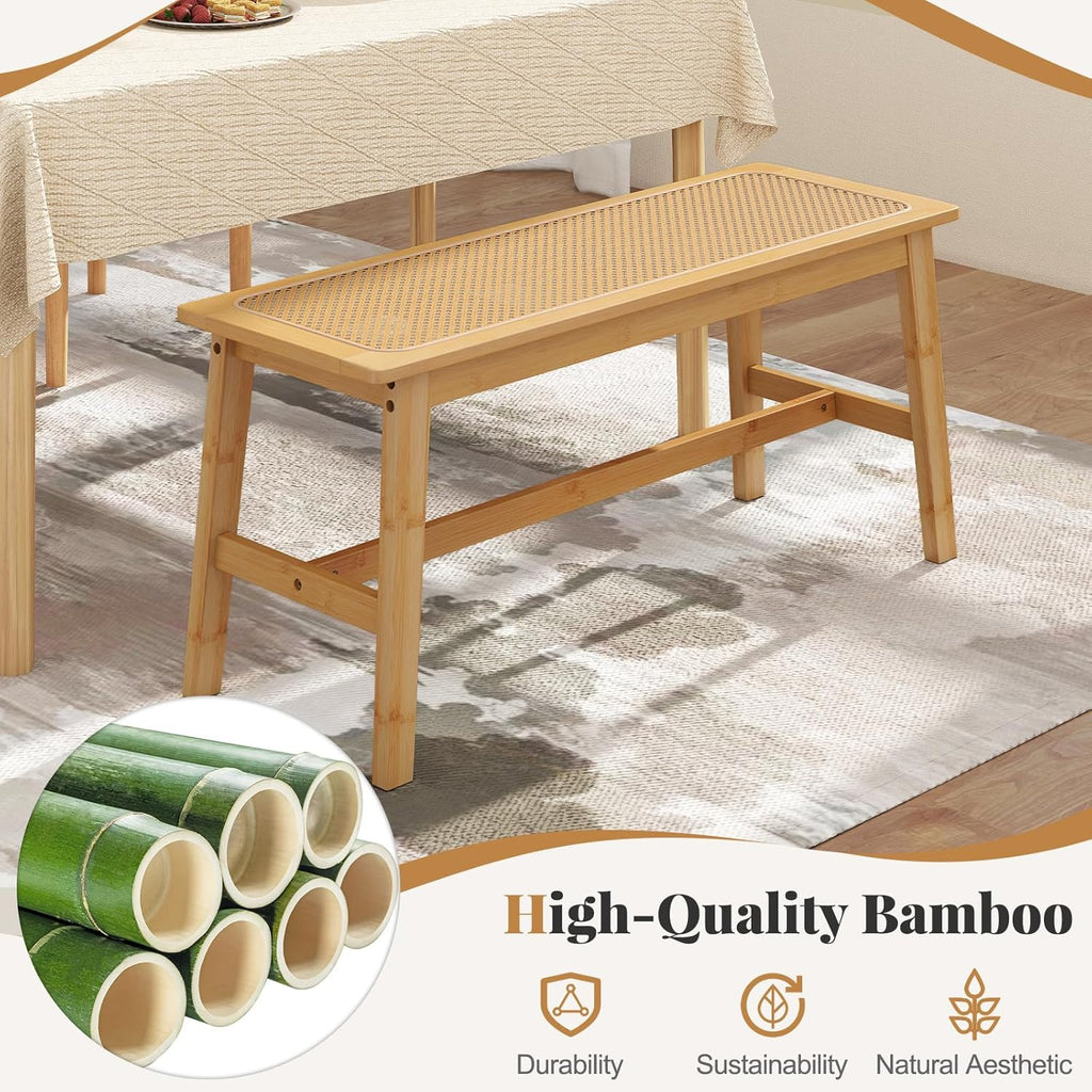Giantex 39.5" Bamboo Dining Bench with Handwoven Rattan Seat, 600lbs Capacity, Shoe Ottoman, Kitchen Table Bench for Indoor Outdoor, Bedroom, Bathroom, Front Door, End of Bed, Entryway (Natural)