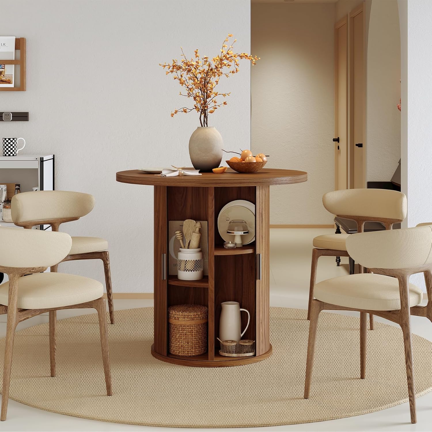 Nalupatio 31.5 Inch Round Dining Table for 2, Versatile Two-Person Kitchen Table with Half-Open Storage Shelf & Sliding Door, Modern Farmhouse Circle Dinner Table for Dining Room, Living Room, Walnut