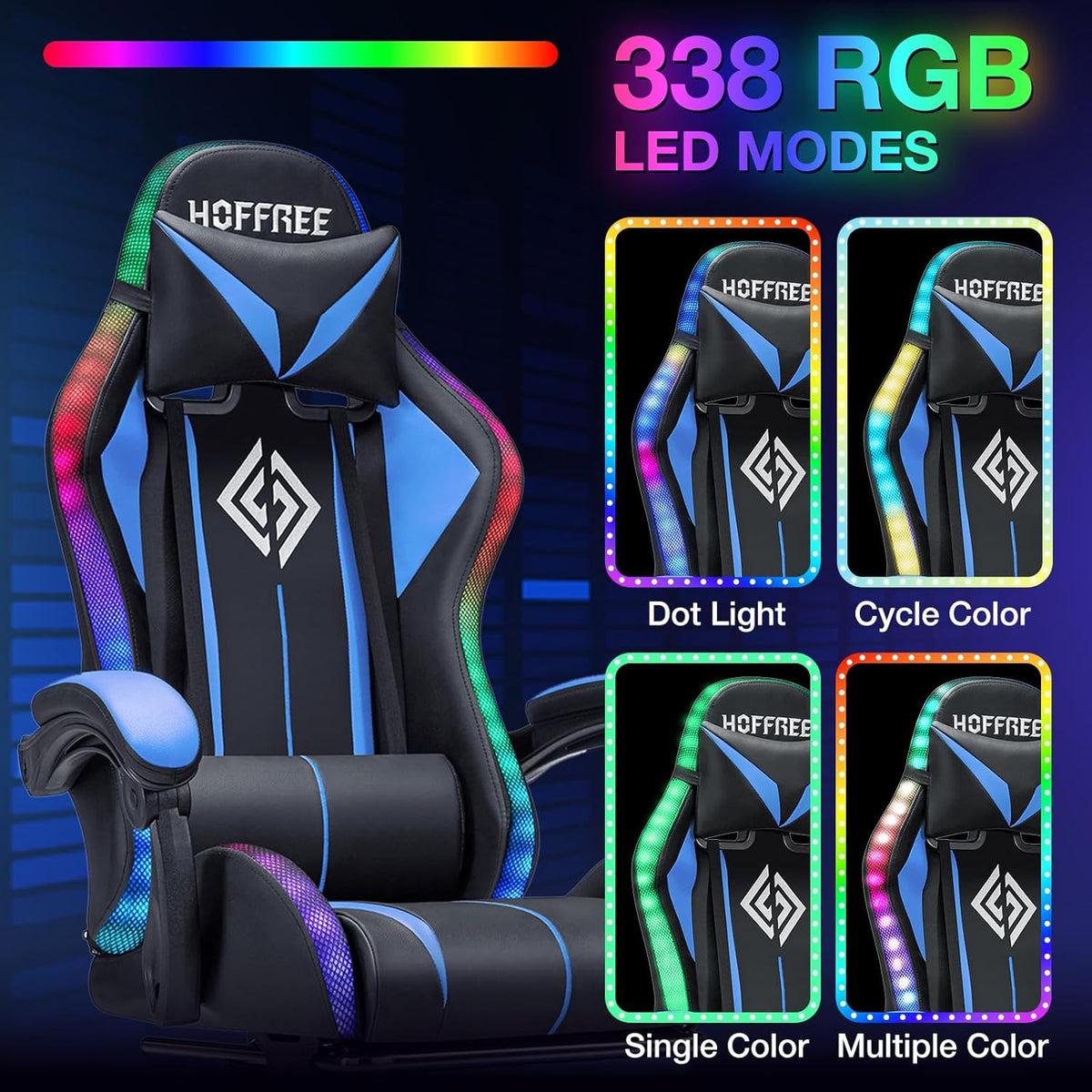 RGB Gaming Chair with Bluetooth Speakers and LED Lights Computer Chair-Blue | Ergonomic Massage Game Chair with Footrest High Back Music Video Game Chair for Adults Boys Gamer Chairs with Lumbar Support