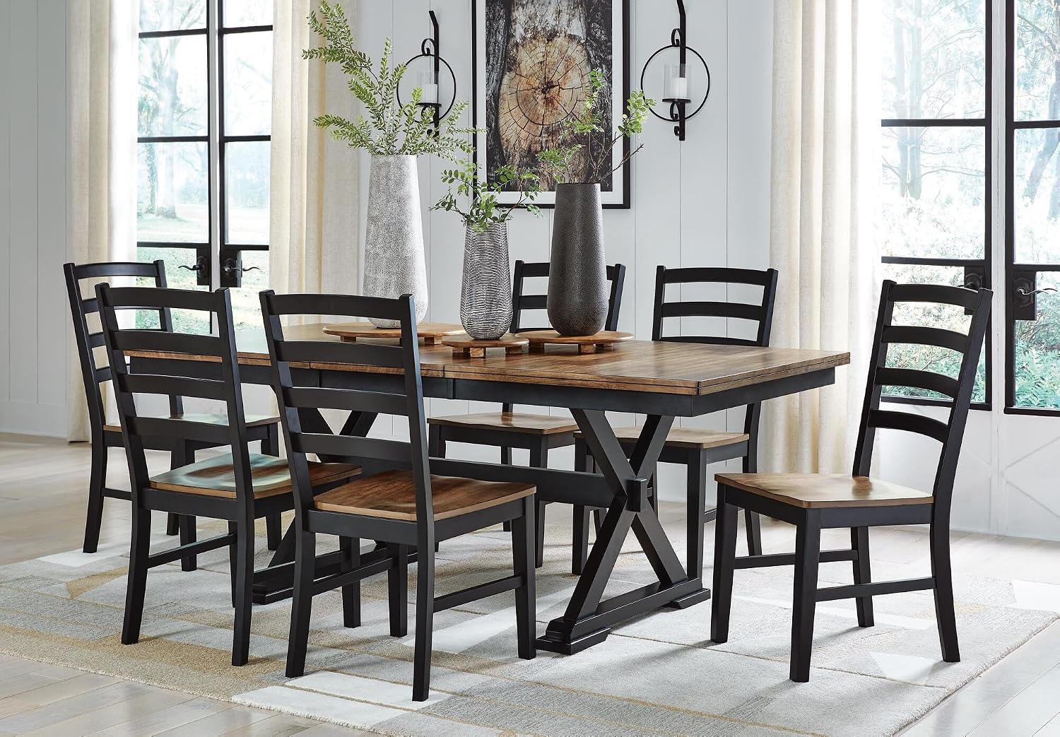 Signature Design by Ashley Wildenauer Dining Chairs Set of 2, Modern Ladderback Dining Chairs with Solid Wood Frame, Two-Tone Finish, Contoured Seat, Black/Brown | Solid wood frame, Mango veneer and MDF substrate seat, Modern ladderback, 250 lb capacity