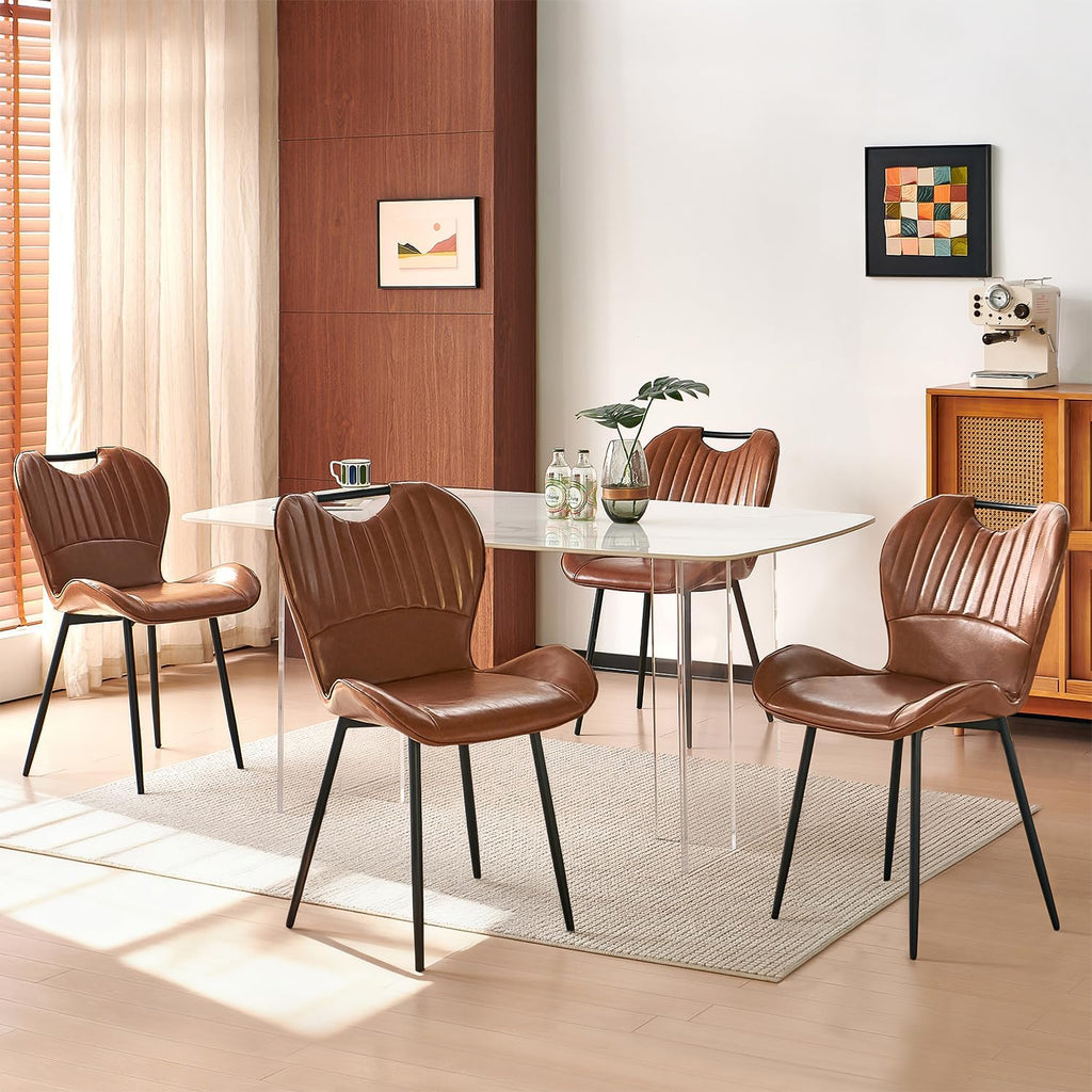 Dining Room Chairs Set of 4, Modern Kitchen Room Sets for Dinner, Comfortable Dining Chair with Metal Legs, Ergonomic Backrest, Minimalist Faux Leather Funiture Used for Home Kitchen, Resturant, Brown