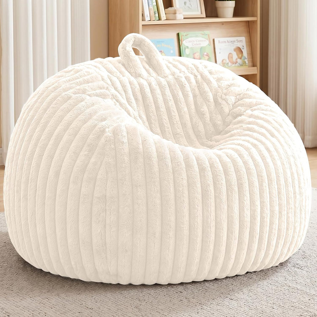 Bean Bag Cover No Filler Stuffed Animal Storage Bean Bag Chair Cover | Soft Faux Rabbit Fur,Non-Slip Bottom,Durable Zipper,Fill with Plush Toys or Blankets,for Adults Teens Kids Girls,Ivory