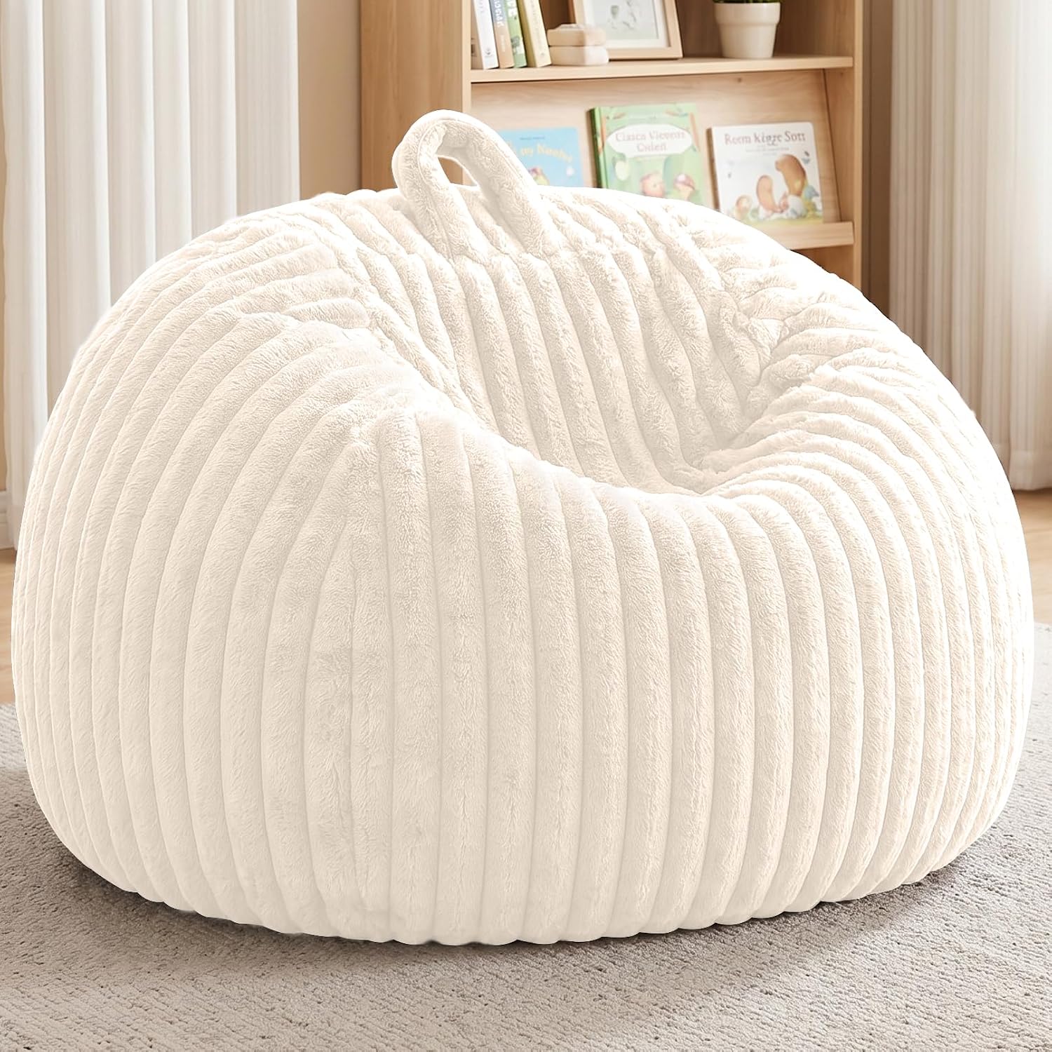 Bean Bag Cover No Filler Stuffed Animal Storage Bean Bag Chair Cover | Soft Faux Rabbit Fur,Non-Slip Bottom,Durable Zipper,Fill with Plush Toys or Blankets,for Adults Teens Kids Girls,Ivory