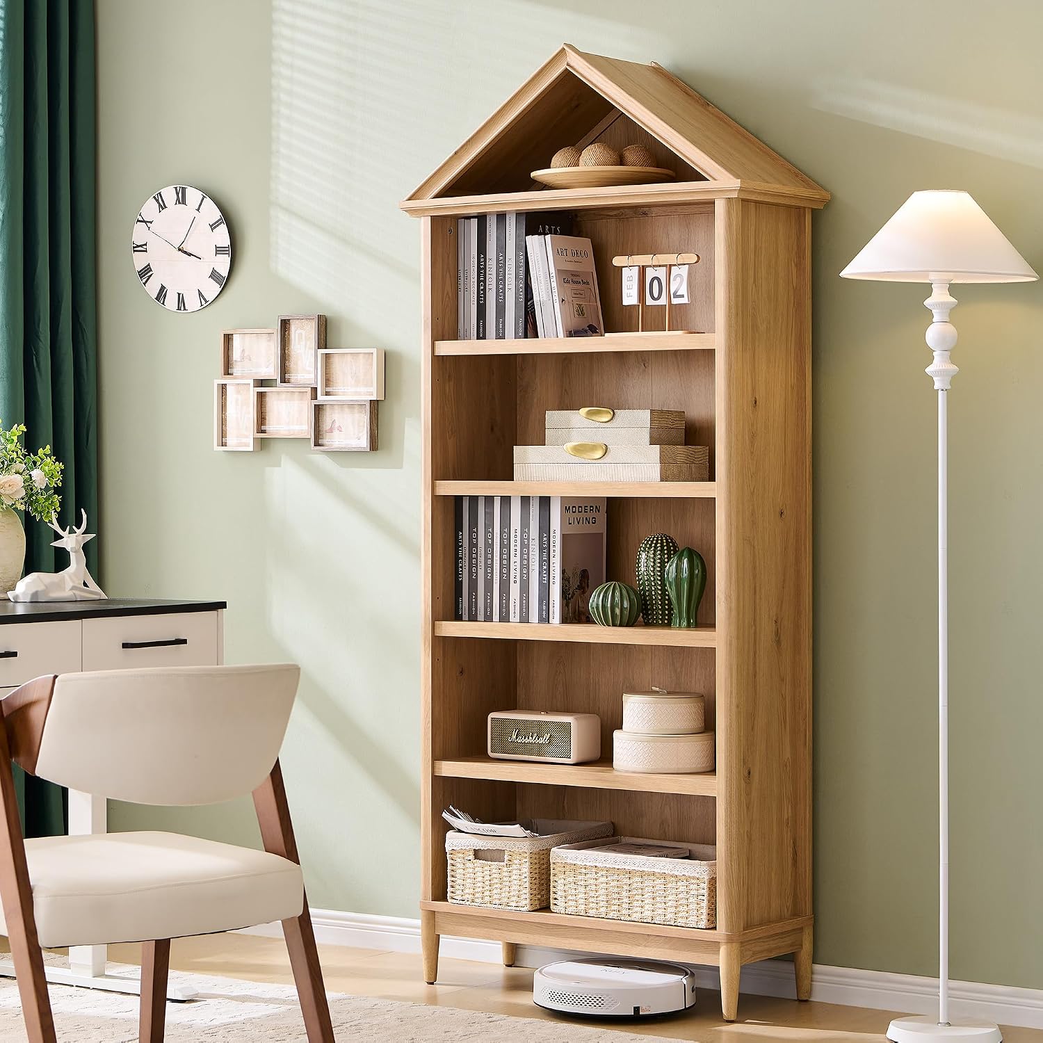 75.9" Tall Farmhouse Bookcase, Angle Arched 5 Tiers Large Bookshelf with Adjustable Shelves, Modern Wooden Geometric Book Shelf w/Storage and Open Display Shelves for Living Room, Office-Natural